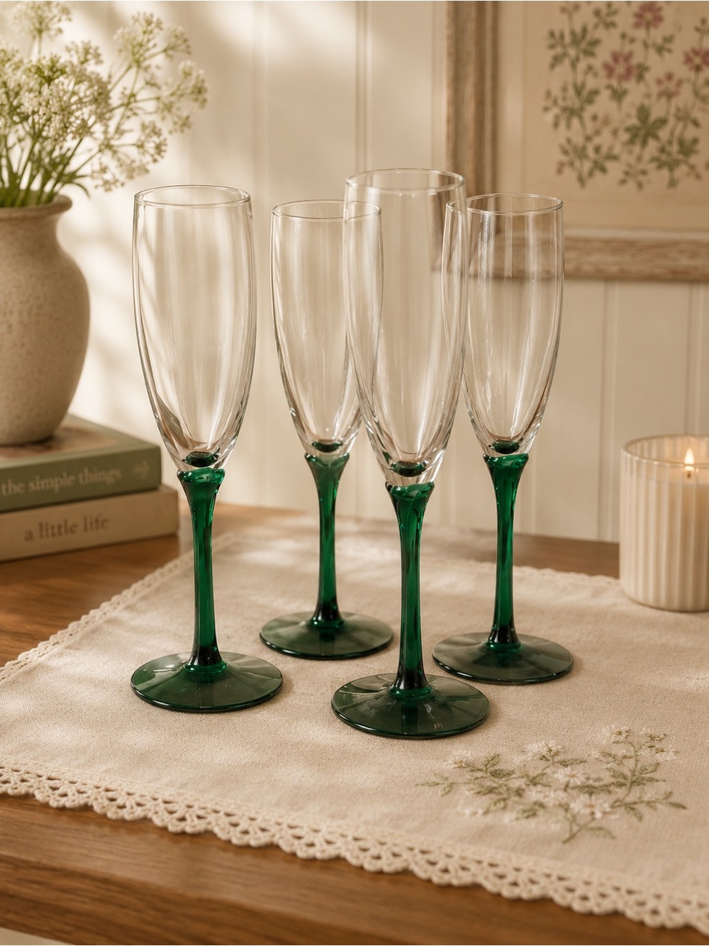 Libbey Emerald Green Stem Champagne Flutes - Set of 4